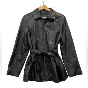 Outbrook Black Leather Jacket L Zip Front with Tie Belt